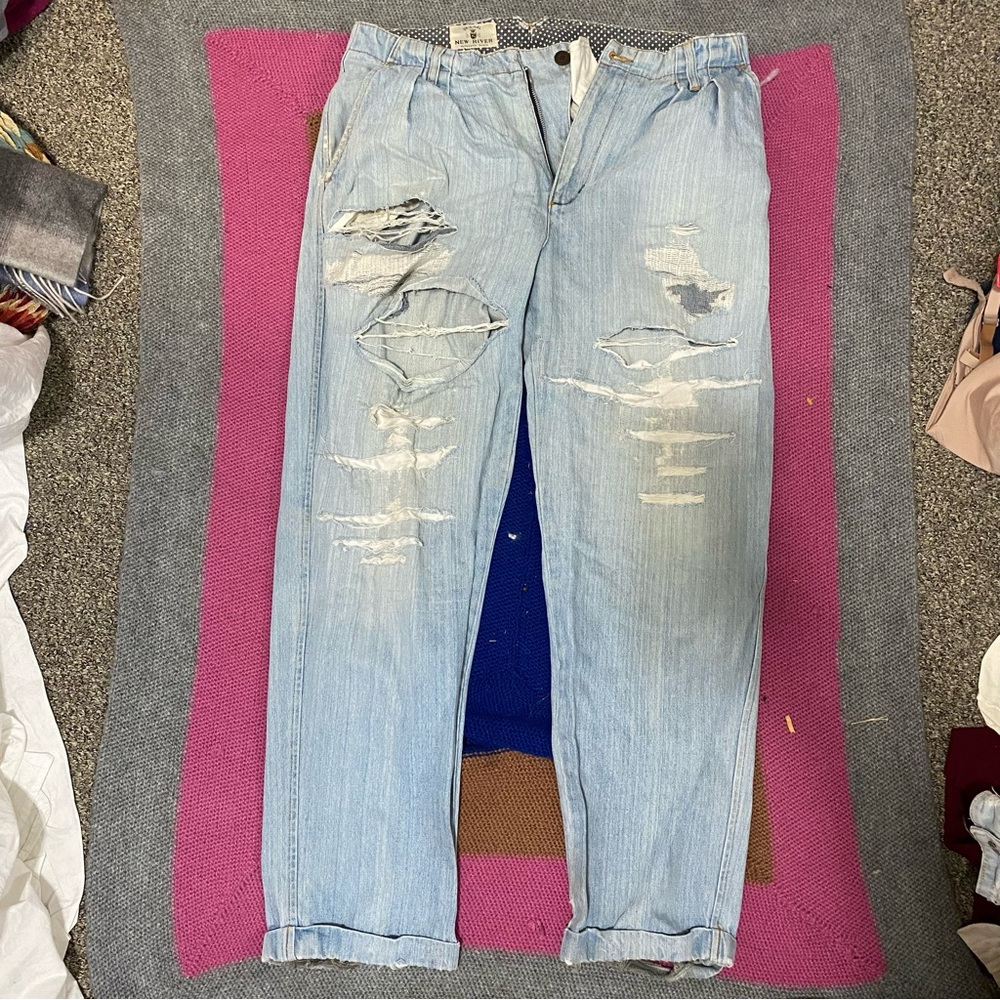 Trashed Vintage New River Pleated Straight Jeans Destroyed 34L Cuffed Ripped